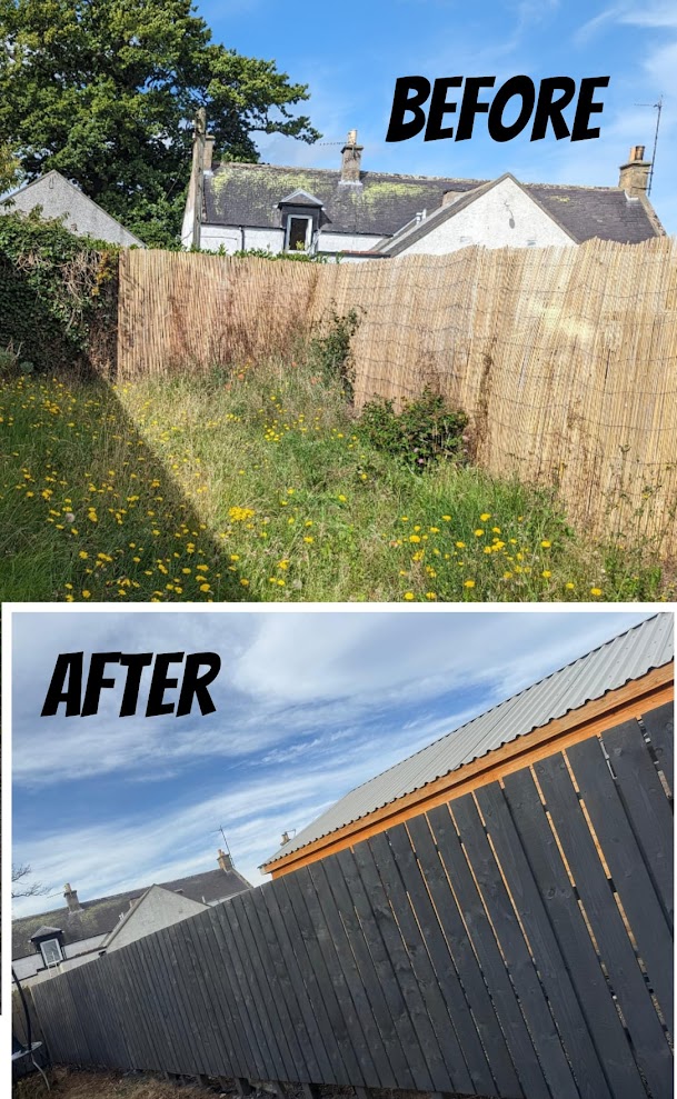 Removed old bambo fence and replaced with bespoke plank fence.